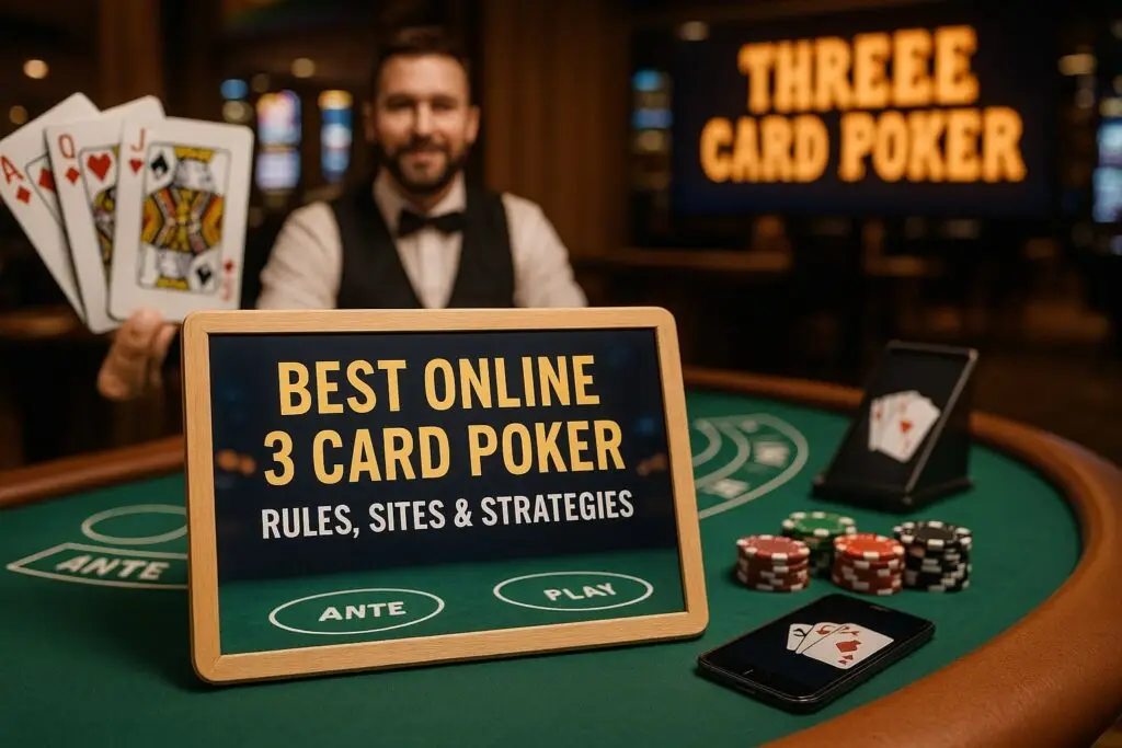 Best online 3 card poker table with real dealer, cards, chips, and secure payment icons in a realistic casino setting, 2026.