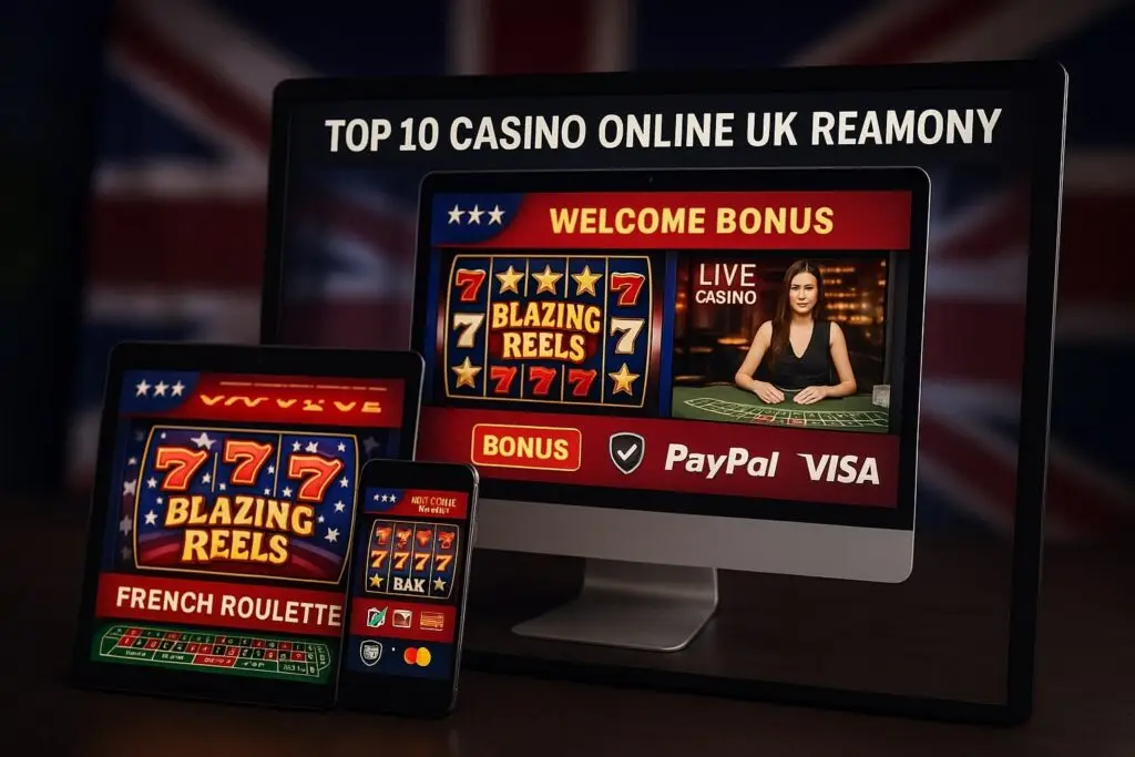 Top 10 casino online UK real money platforms with British-themed slots, live dealer tables, and secure payment icons on multiple devices.