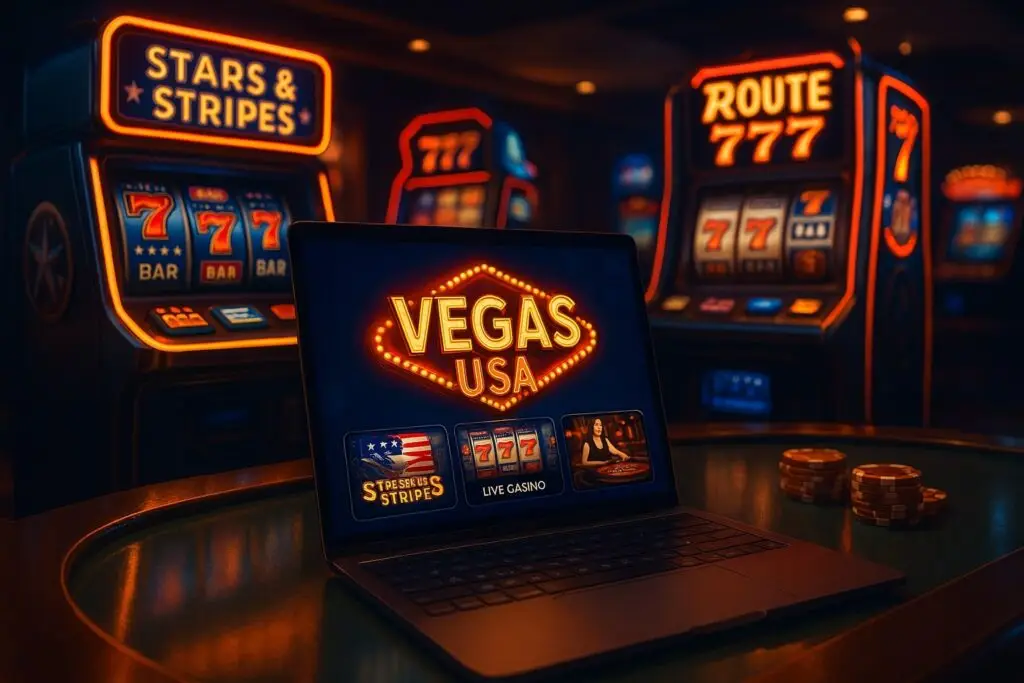 Vegas USA online casino 3D render with slot machines, live dealer tables, and secure payment icons in a cinematic gaming environment