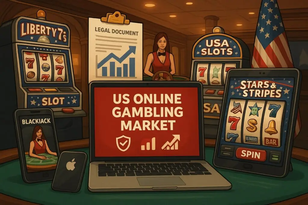 US online gambling market 2026 with American-themed slot machines, live dealer tables, mobile platforms, and secure payment icons