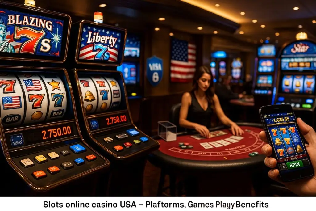 Slots online casino USA with American-themed slot machines, live dealer table, and mobile slot gameplay.
