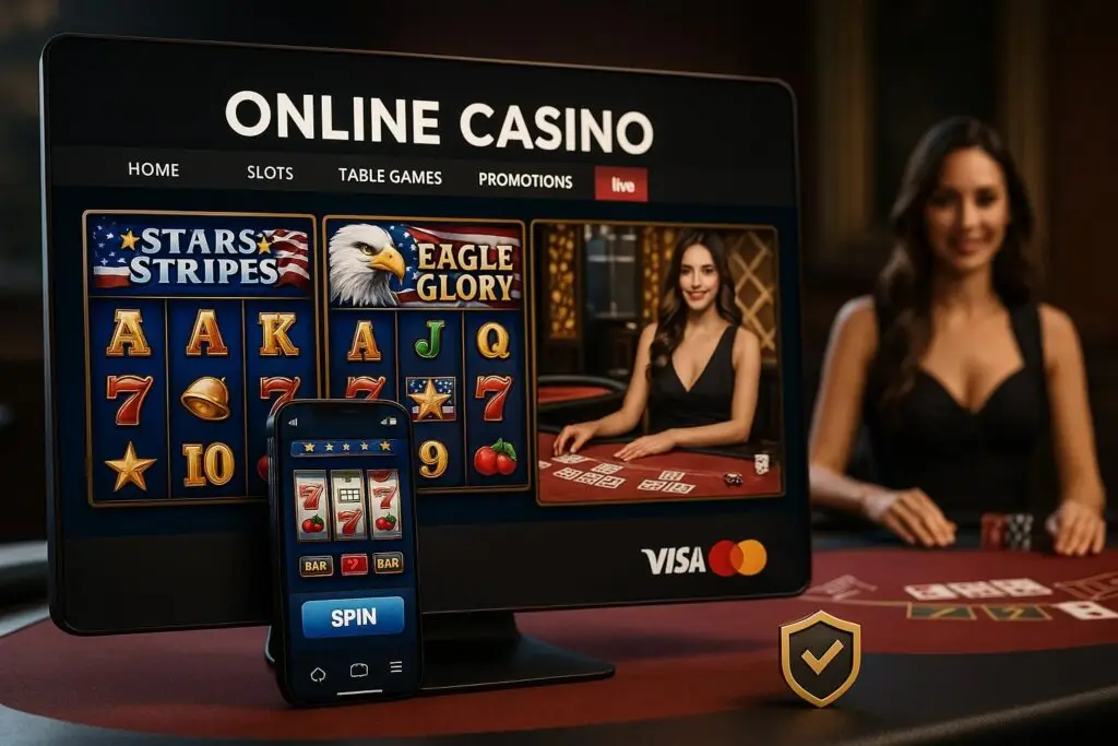 Online casino in US with American-themed slots, live dealer tables, mobile gaming, and secure payment options.