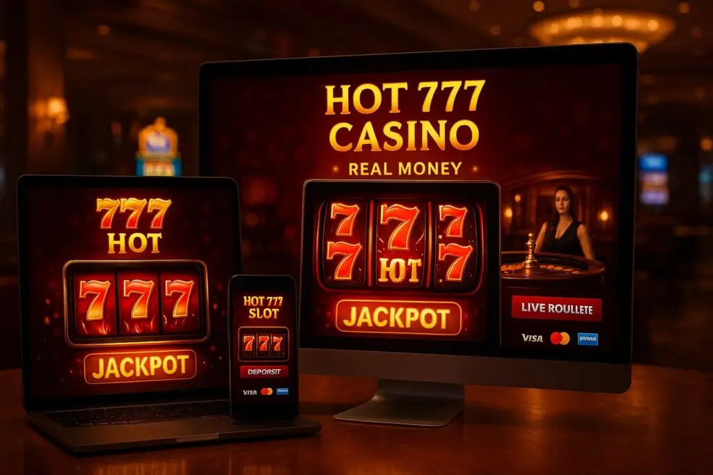 Hot 777 casino real money with 777-themed slots, live roulette, secure payment icons, and jackpot banners across desktop, laptop, and mobile screens.