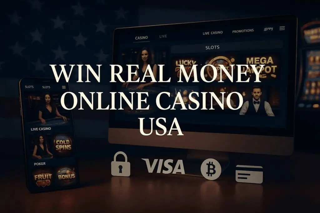 Win real money online casino USA interface with mobile and desktop views, live dealer tables, slot machines, and secure payment icons