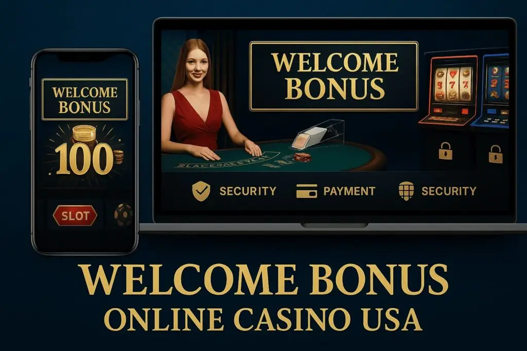 Welcome bonus online casino USA desktop and mobile view with live dealer tables, slot machines, and secure payment icons