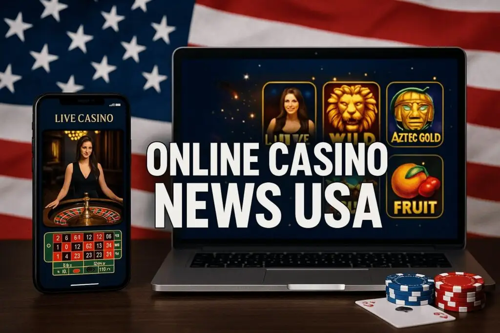 Online casino news USA desktop and mobile interface with breaking news banners, live dealer tables, slot machines, and US flag elements