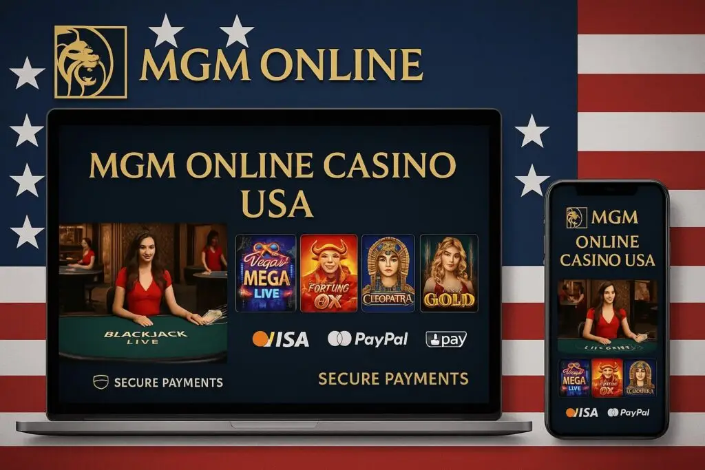 MGM Online Casino USA desktop and mobile interface with MGM logo, live dealer tables, slot machines, secure payment icons, and US flag background
