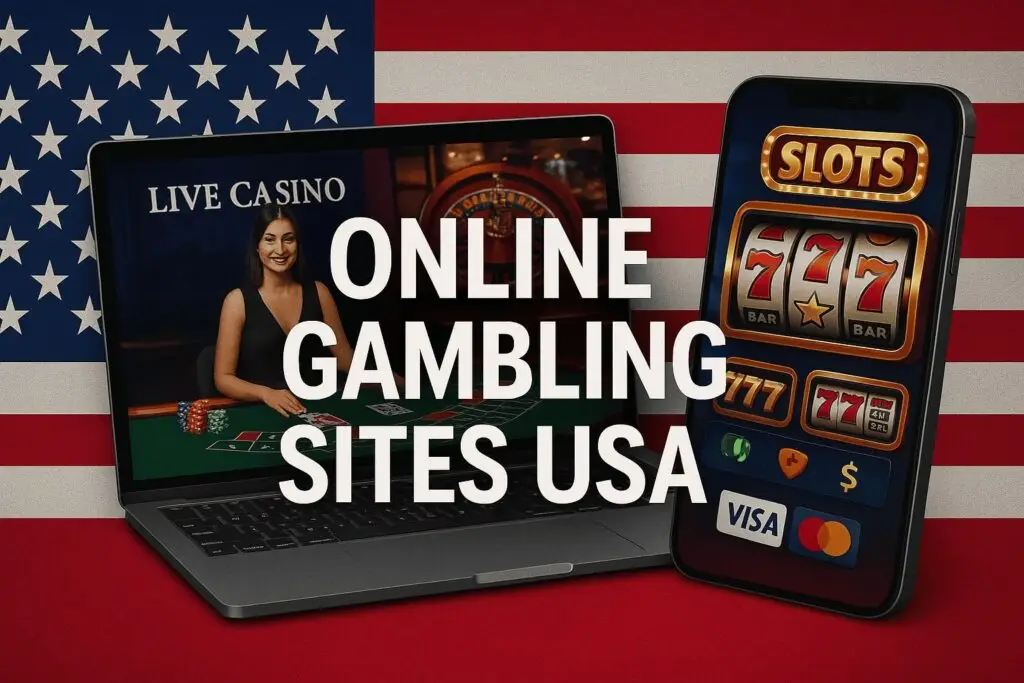 Online gambling sites USA desktop and mobile interface with live dealer tables, slot machines, secure payment icons, and US flag background