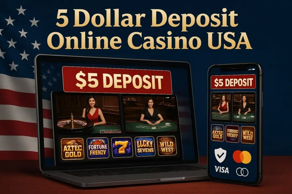5 dollar deposit online casino USA desktop and mobile interface with $5 deposit banner, slot machines, live dealer tables, and secure payment icons
