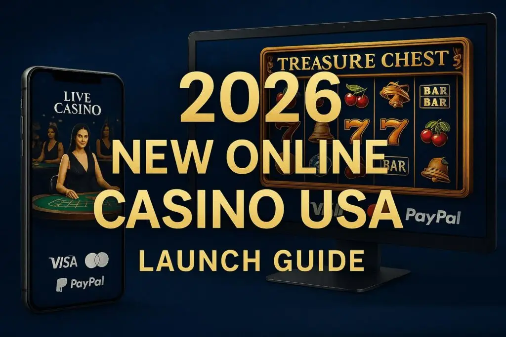 2026 New Online Casino USA launch guide promotional graphic featuring a smartphone with live dealer game, a desktop slot machine, and payment icons like Visa, Mastercard, and PayPal on a deep blue background with gold typography.