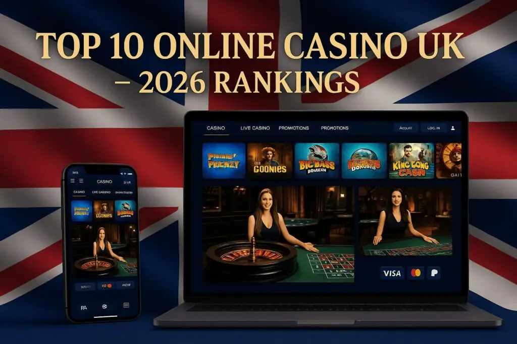 Top 10 online casino UK 2026 interface with British-themed slots, live dealer tables, mobile and desktop views, and secure payment icons.