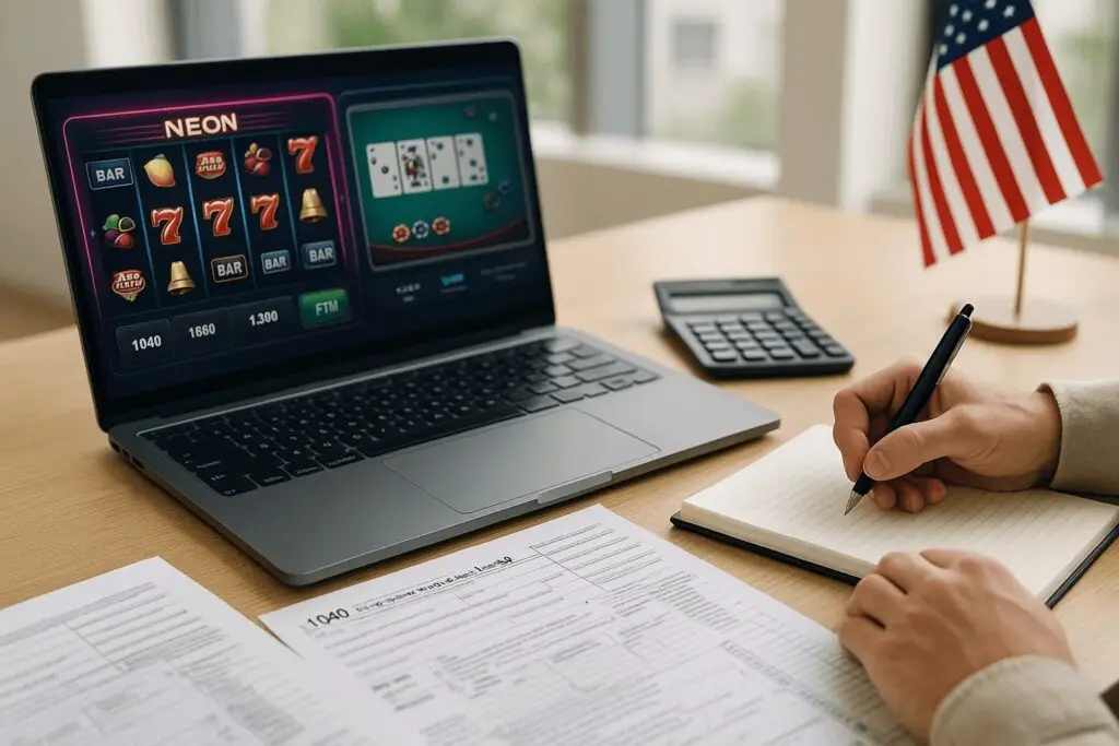Online gambling tax USA consultation with laptop showing slots and poker, IRS tax forms, calculator, and player taking notes in modern office with U.S. flag accents.