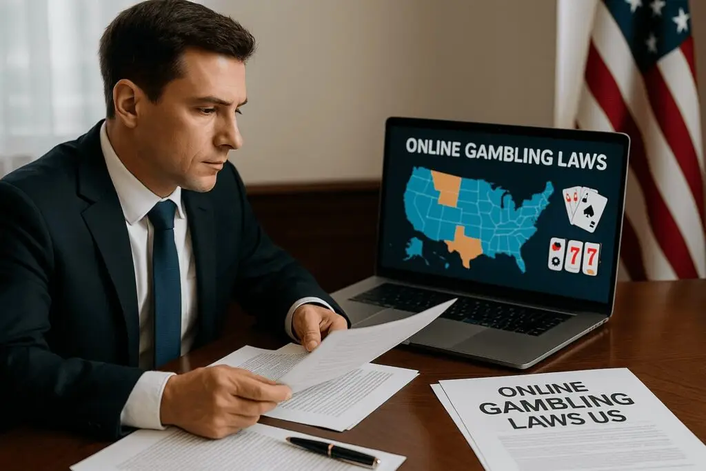 Legal consultation scene for online gambling laws US, with lawyer, documents, US map of legal states, and icons of poker, slots, and sports betting.