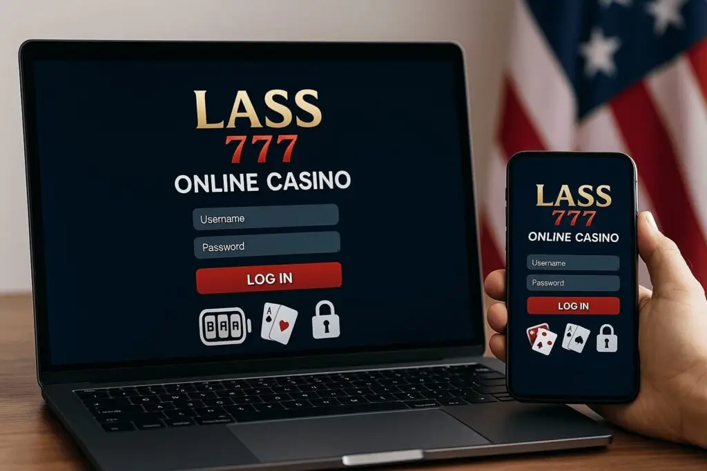 Lass 777 online casino login USA on laptop and smartphone with U.S. flag in background, slot reels, playing cards, and secure lock icon representing safe access for American players.