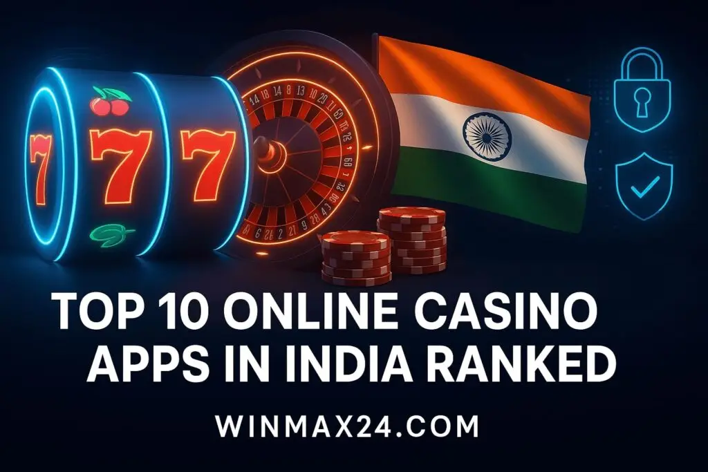 Promotional banner for Top 10 Online Casino Apps in India showing glowing slot reels, poker chips, roulette wheels, Taj Mahal, and secure mobile gaming icons.