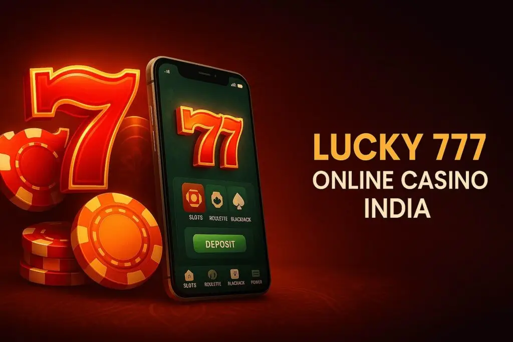 Lucky 777 online casino India banner with glowing 777 symbols, casino chips, and smartphone real money app — secure casino platforms for Indian players