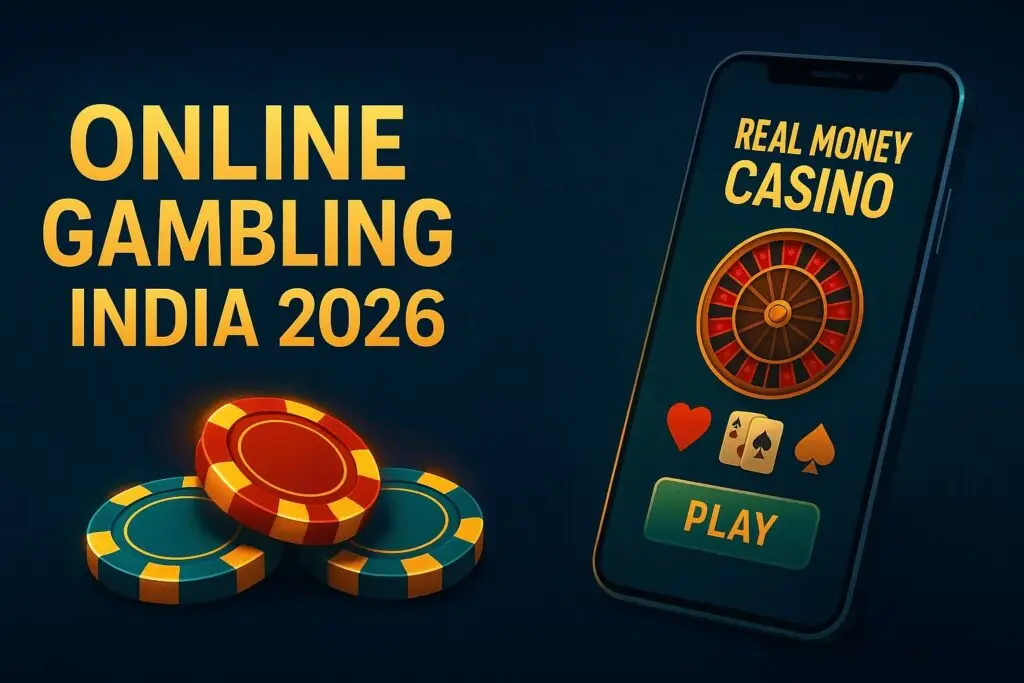 Online gambling India 2026 banner with smartphone casino app, glowing chips, and secure platforms — future of real money gaming in India.