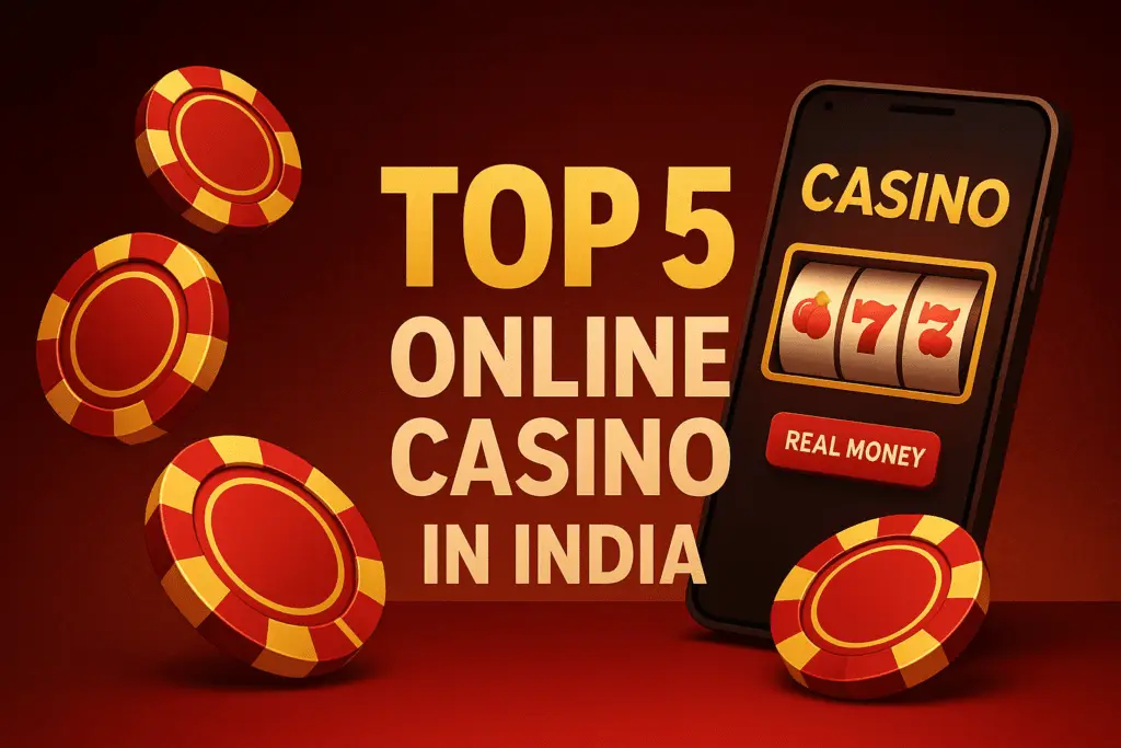 Top 5 online casino in India banner with glowing chips, golden number 5, and smartphone app — secure casino platforms and real money play