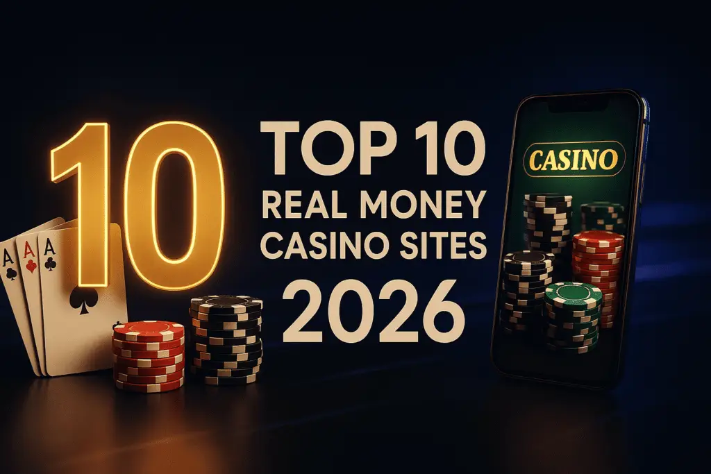 Top 10 real money casino banner 2026 with glowing chips, cards, and trusted gaming symbols.
