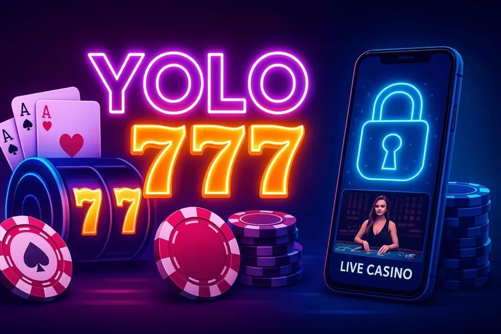 YOLO 777 casino real money positive play banner with glowing logo, poker chips, slot reels, smartphone live casino screen, neon lights, and secure lock symbol.