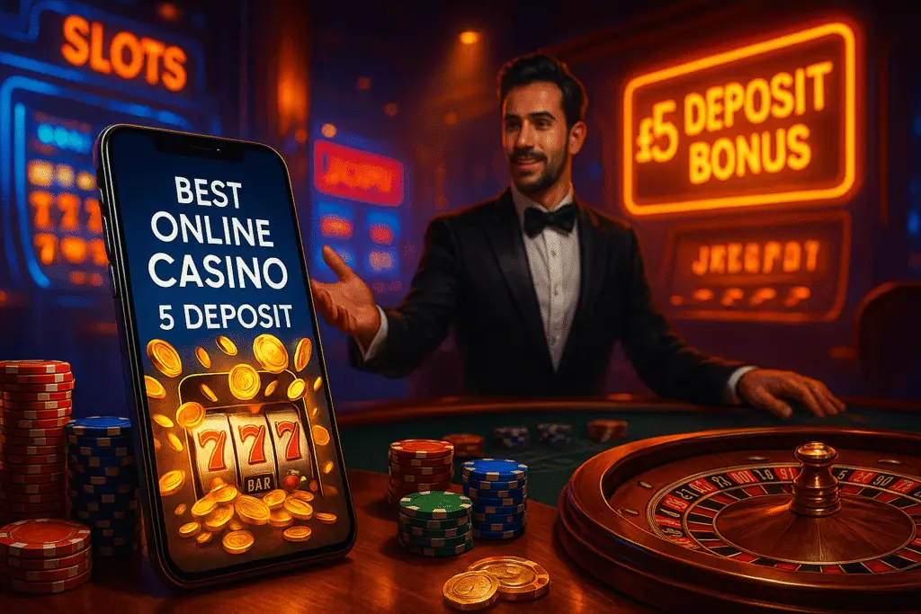Best Online Casino 5 Deposit — hyper-realistic digital casino interior with smartphone interface, slot reels, roulette wheel, poker chips, live dealer, and neon jackpot counter, representing premium and trustworthy low deposit play.