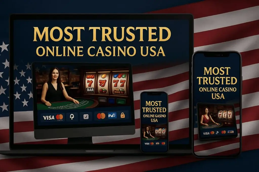 Most trusted online casino USA desktop and mobile interface with secure payment icons, live dealer tables, slot machines, and US flag background